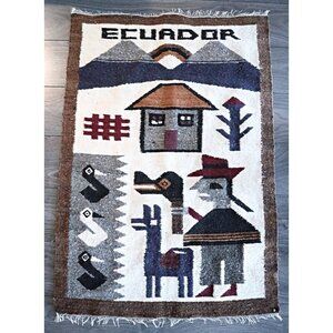 Vintage Ecuador Hand Woven Wool Tapestry Wall Hanging Fringe Hand Made MCM